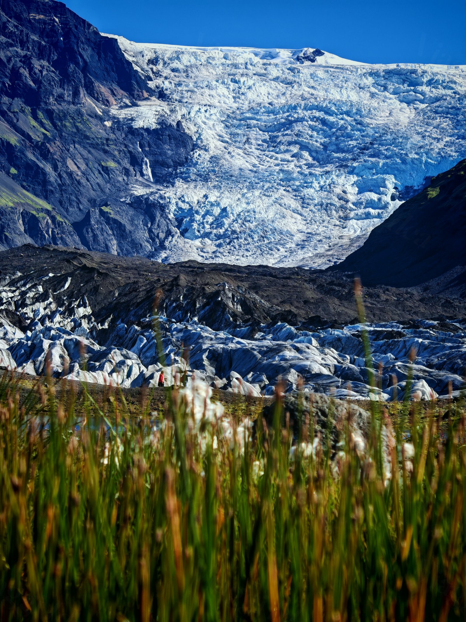 Una persona in rosso osserva un grande ghiacciaio fra montagne e vegetazione