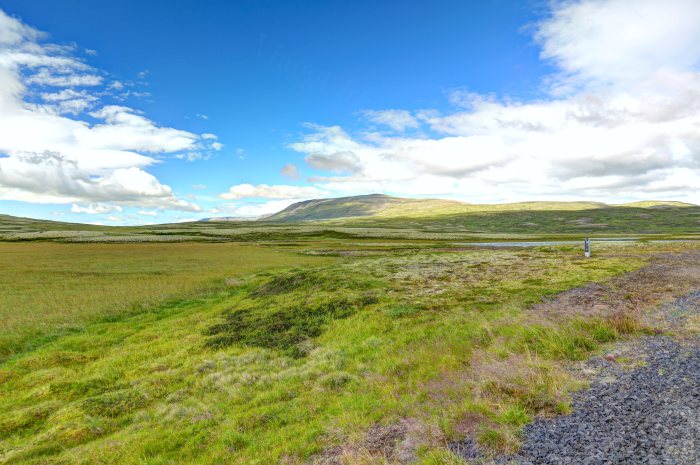 Strada sterrata che attraversa un campo erboso verso colline lontane