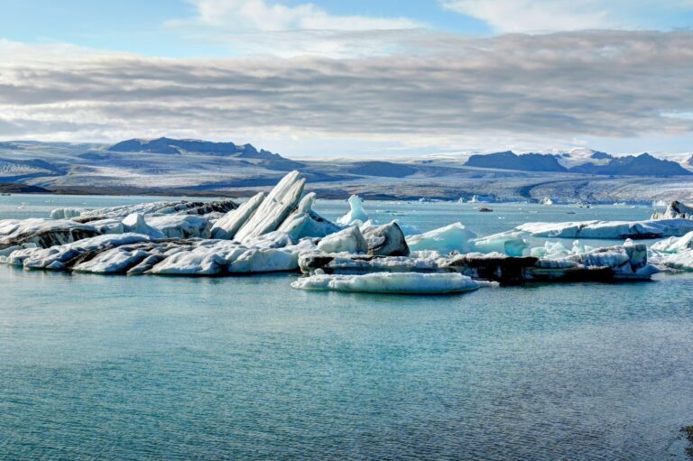 Iceberg galleggianti in acqua calma, con montagne lontane