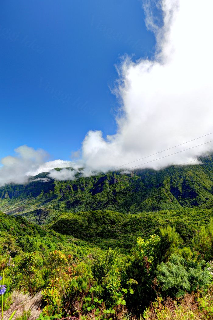 Paesaggio montuoso verde con nuvole basse e cime coperte di vegetazione